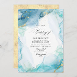 Invitación Elegante Boda de tinta de mármol azul y dorado