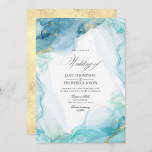 Invitación Elegante Boda de tinta de mármol azul y dorado