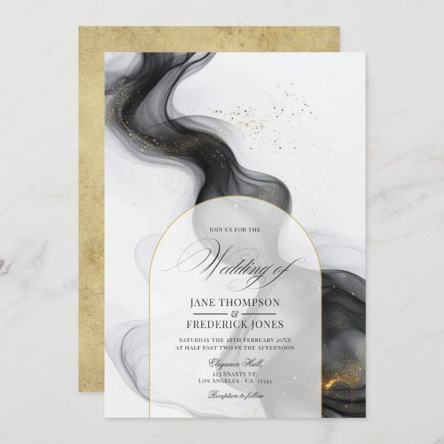 Invitación Elegante Boda de tinta de mármol negro y dorado (Anverso / Reverso)