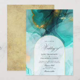 Invitación Elegante Boda de Tinta Fluyente Turquesa y Oro