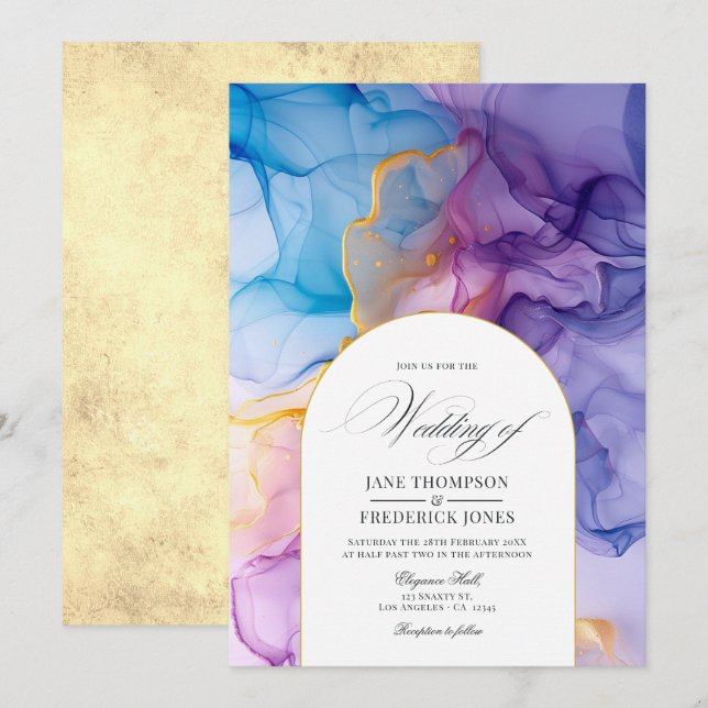 Invitación Elegante Boda de tinta rosa, azul y dorada (Anverso / Reverso)