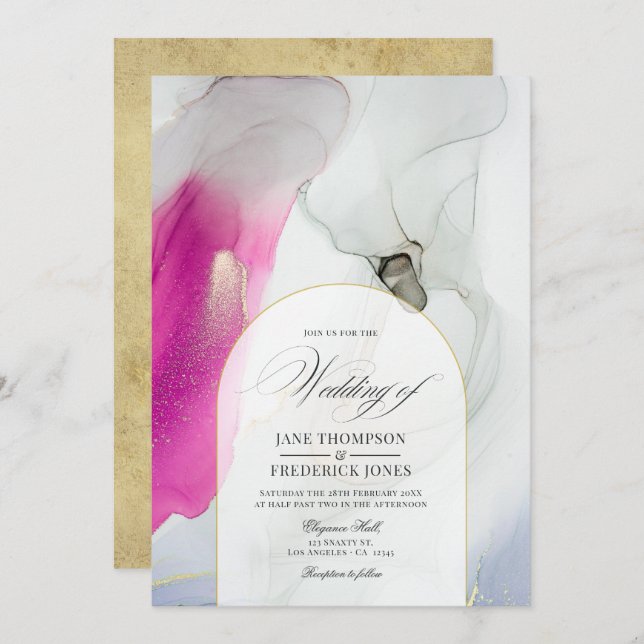 Invitación Elegante Boda de tinta rosa, gris y dorada de alco (Anverso / Reverso)