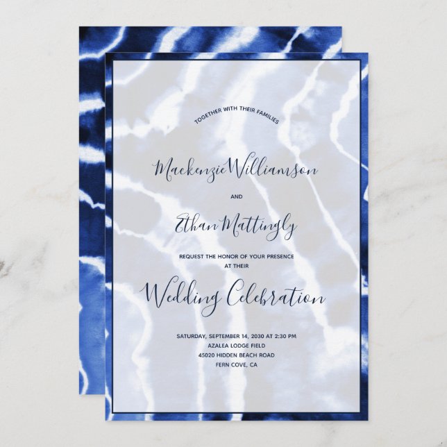 Invitación Elegante Boda de tinte de mármol azul de la Marina (Anverso / Reverso)