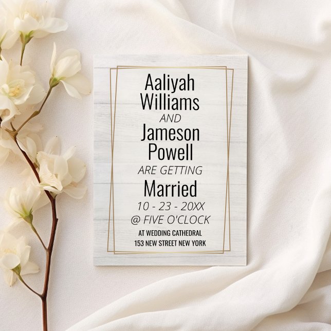 Invitación Elegante Boda de tipografía de madera blanca con m (Elegant gold frame white wood typography Wedding)