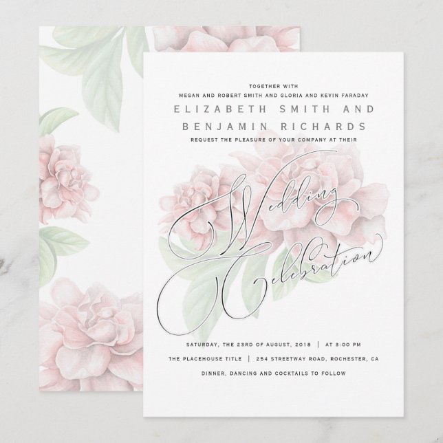 Invitación Elegante Boda de tipografía floral de peones rosad (Anverso / Reverso)