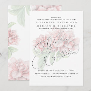 Invitación Elegante Boda de tipografía floral de peones rosad