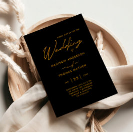 Invitación Elegante Boda de tipografía moderna en negro y oro