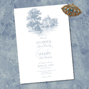 Invitación Elegante boda de toile azul polvoriento en un seño