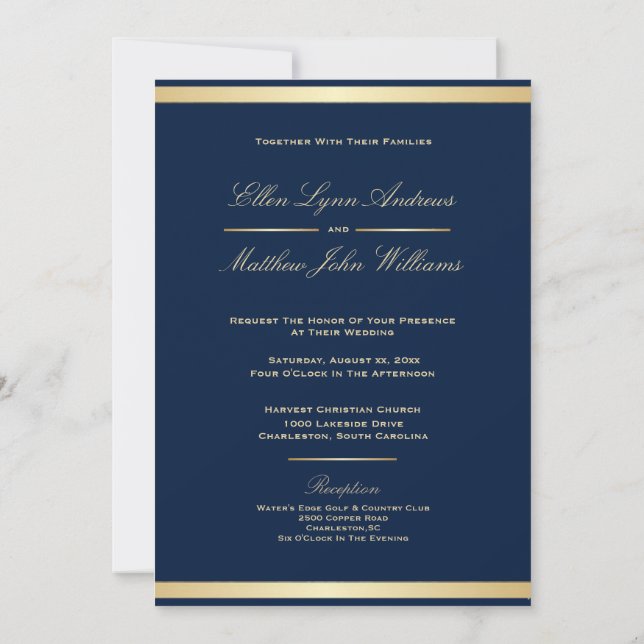 Invitación Elegante Boda de travesía azul y oro de la marina (Reverso)