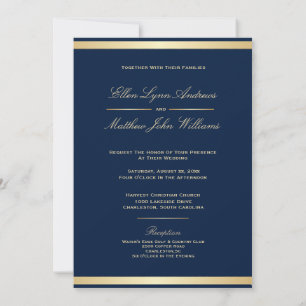 Invitación Elegante Boda de travesía azul y oro de la marina