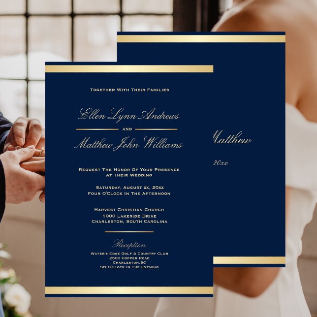 Invitación Elegante Boda de travesía azul y oro de la marina (Elegant Navy Blue and Gold Trim Wedding Invitation)