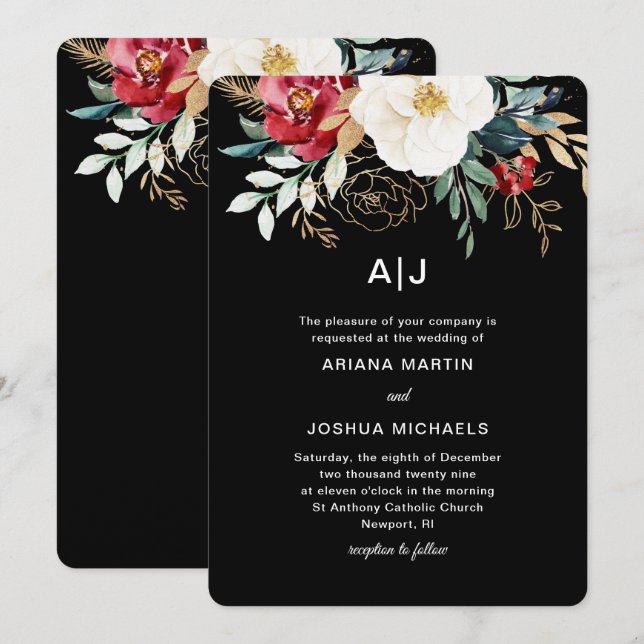 Invitación Elegante Boda de vacaciones de Black Floral Bouque (Anverso / Reverso)
