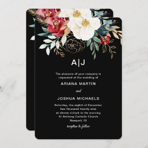 Invitación Elegante Boda de vacaciones de Black Floral Bouque