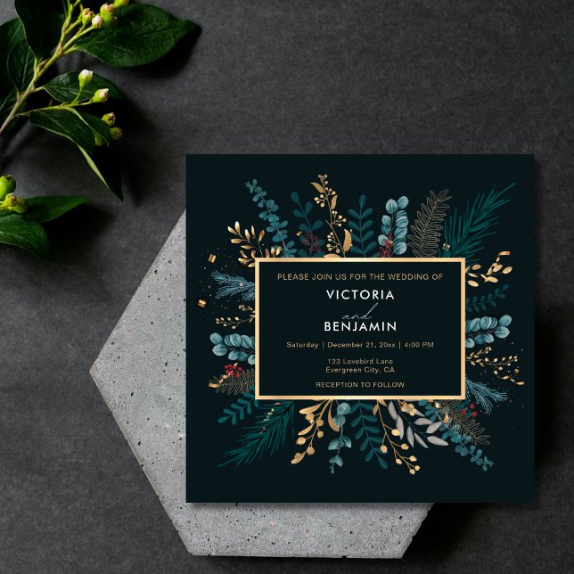 Invitación Elegante Boda de vacaciones de Navidades botánicos (Elegant Botanical Modern Christmas Holiday Wedding Invitation)