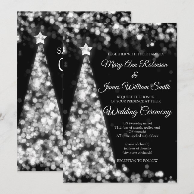 Invitación Elegante Boda de vacaciones de Navidades negros pl (Anverso / Reverso)