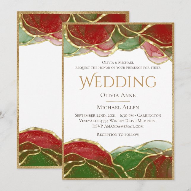 Invitación Elegante Boda de vacaciones verde rojo de tinta de (Anverso / Reverso)