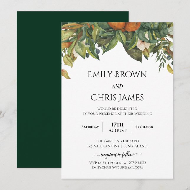 Invitación Elegante Boda de vegetación de cítricos botánicos (Anverso / Reverso)