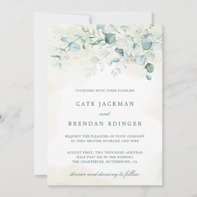 Invitación Elegante Boda de vegetación de eucalipto verde azu (Anverso)