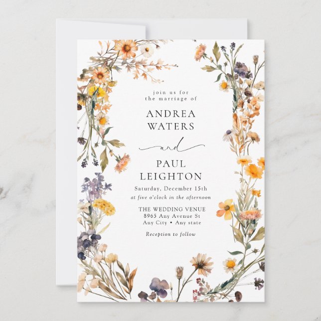 Invitación Elegante Boda de vegetación de flores silvestres (Anverso)