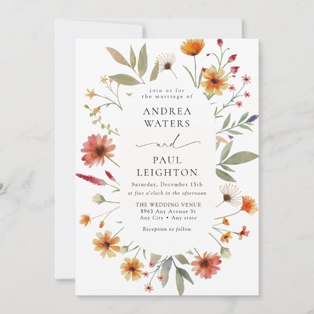 Invitación Elegante Boda de vegetación de flores silvestres (Anverso)
