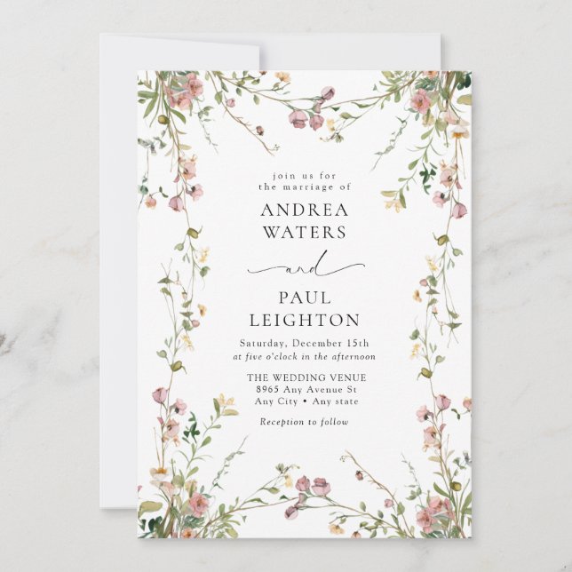Invitación Elegante Boda de vegetación de flores silvestres (Anverso)