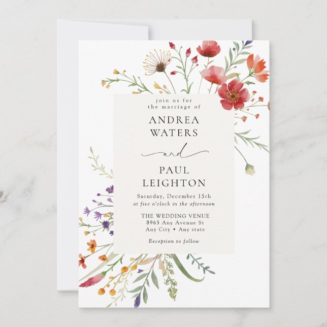 Invitación Elegante Boda de vegetación de flores silvestres (Anverso)