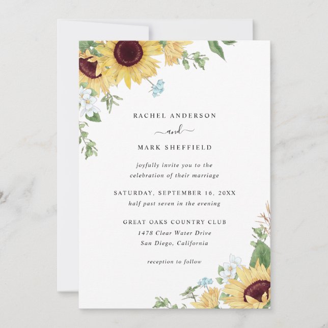 Invitación Elegante Boda de vegetación de girasol silvestre (Anverso)