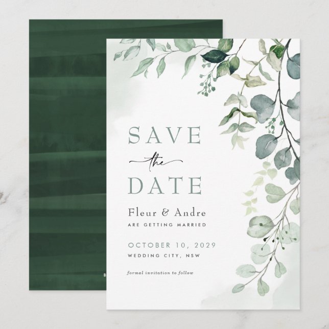 Invitación Elegante boda de vegetación de Leafy Save the Date (Anverso / Reverso)
