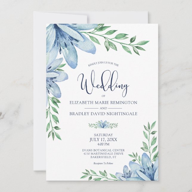 Invitación Elegante Boda de vegetación floral azul florece (Anverso)