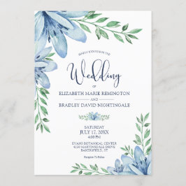 Invitación Elegante Boda de vegetación floral azul florece