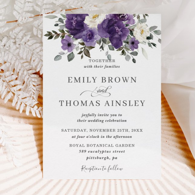 Invitación Elegante Boda de vegetación floral blanca morada (Subido por el creador)