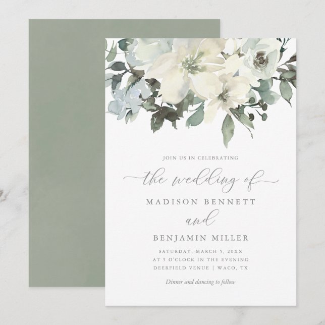Invitación Elegante Boda de Vegetación Floral de Marfil Sage (Anverso / Reverso)