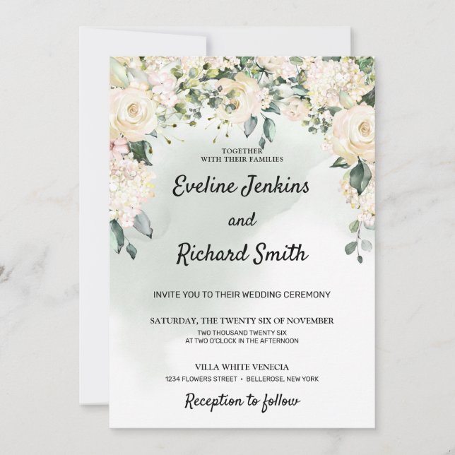 Invitación Elegante boda de vegetación floral de rosas blanca (Anverso)