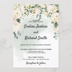 Invitación Elegante boda de vegetación floral de rosas blanca
