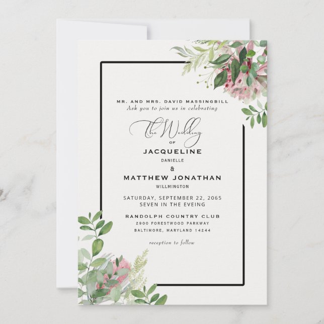 Invitación Elegante Boda de vegetación floral rosa (Anverso)