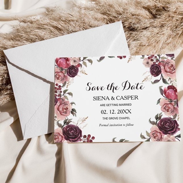 Invitación Elegante boda de verano borgoñona salva la fecha (Subido por el creador)