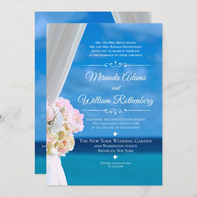 Invitación Elegante Boda de verano de Floral Ocean Beach (Anverso / Reverso)
