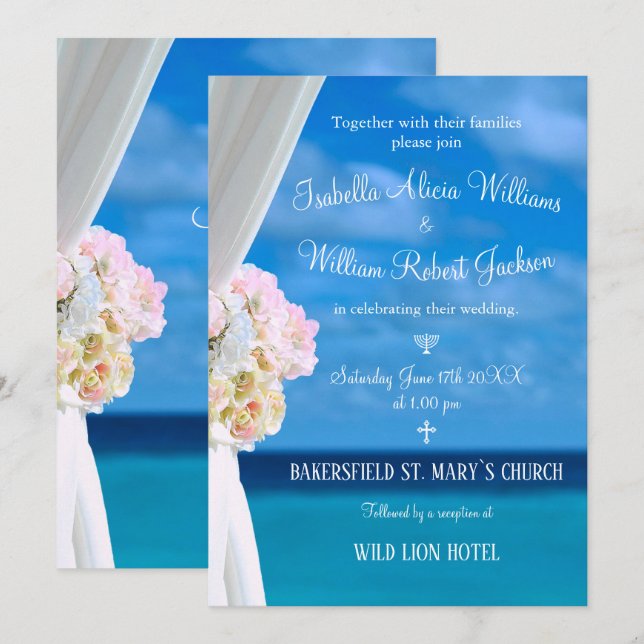 Invitación Elegante Boda de verano de Floral Ocean Beach (Anverso / Reverso)