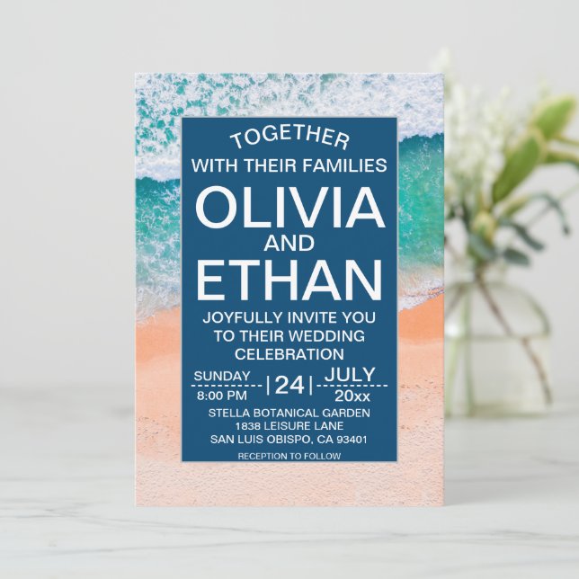 Invitación Elegante Boda de verano de las olas del mar azul d (Anverso de pie)