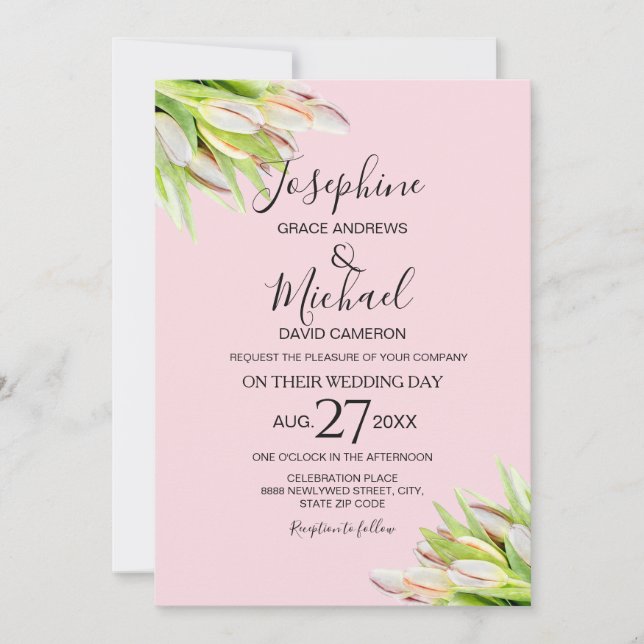 Invitación Elegante Boda de verano de tulipanes verdes rosado (Anverso)