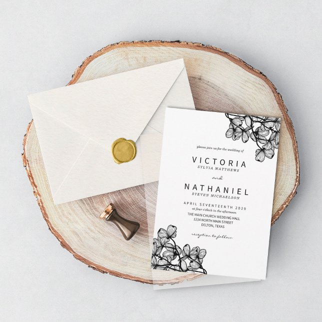 Invitación Elegante Boda de verano floral blanco negro simple (Subido por el creador)