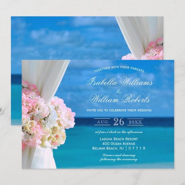 Invitación Elegante Boda de Verano Floral Blue Ocean Beach (Anverso / Reverso)