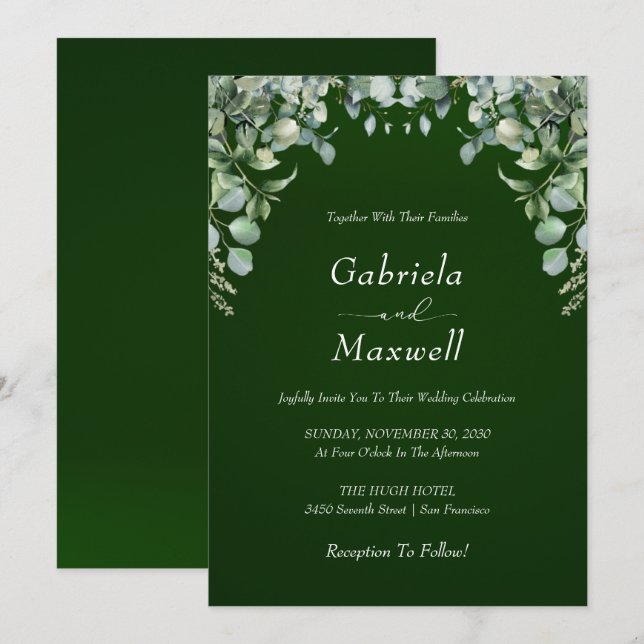 Invitación Elegante Boda de verde esmeralda y eucalipto (Anverso / Reverso)