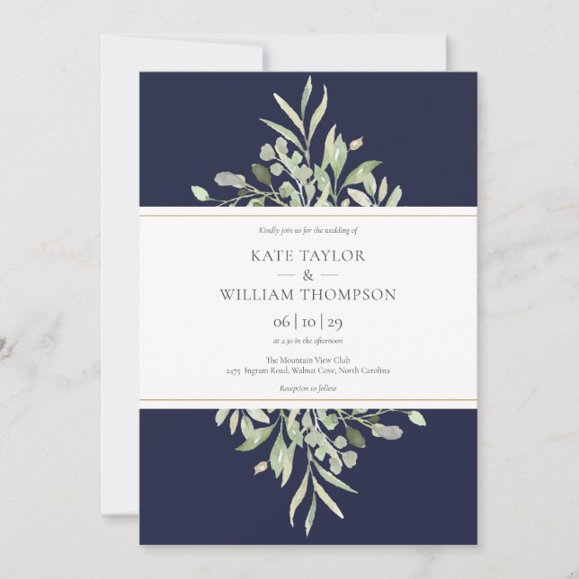 Invitación Elegante Boda de Verdor Botánico Azul de la Marina (Anverso)