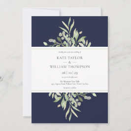 Invitación Elegante Boda de Verdor Botánico Azul de la Marina