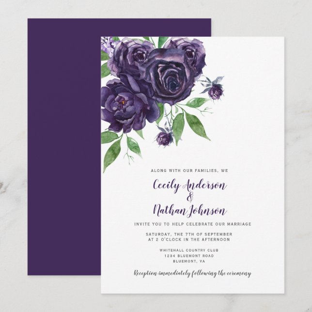 Invitación Elegante Boda de Verdor de Rosas Púrpura Profundo (Anverso / Reverso)