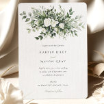 Invitación Elegante Boda de Verdor Floral<br><div class="desc">Esta hermosa invitación a la boda presenta un exquisito motivo botánico, con un exuberante arreglo de rosas de marfil, eucalipto y una variedad de follaje verde. La paleta de colores es una mezcla sofisticada de cremas, blancos suaves, verduras de sabores y tonos de bosque profundo que crean un ambiente natural...</div>