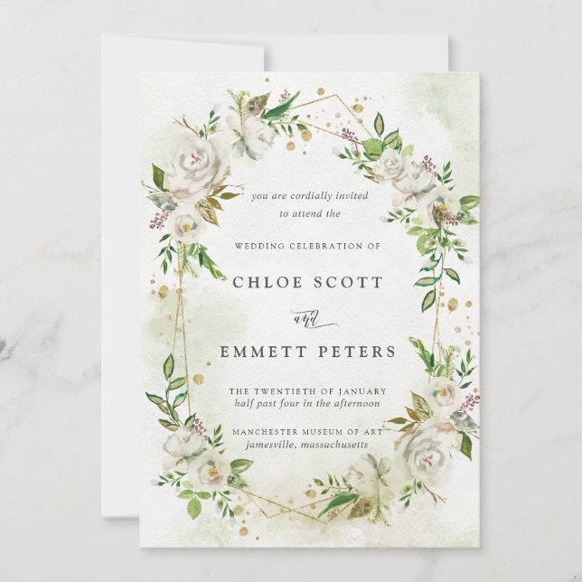Invitación Elegante Boda de Verdor Geométrico Floral Oro (Anverso)