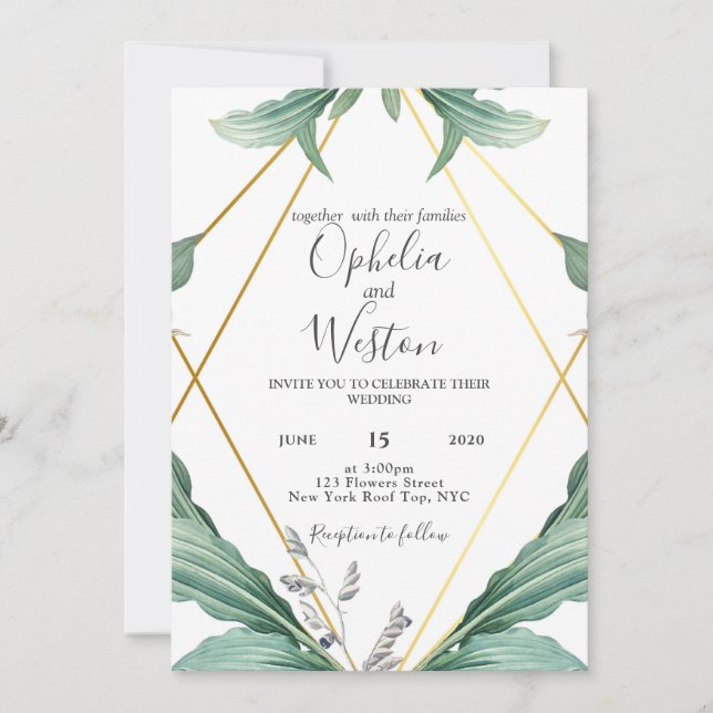 Invitación Elegante Boda de Verdor Geométrico Oro (Anverso)