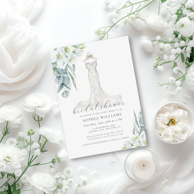Invitación Elegante Boda de Verdor Vestido Bridal Ducha Invit (This elegant bridal shower invite features a stunning, hand drawn wedding gown and white florals)